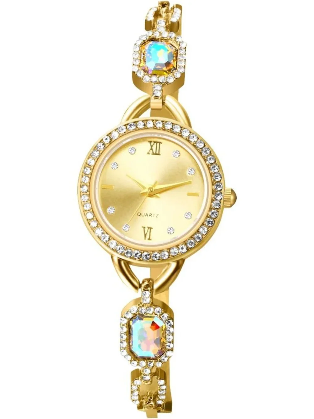 Women's Gold Analog Quartz Elegant Round Dial Cubic Zirconia Faux Diamond Watch